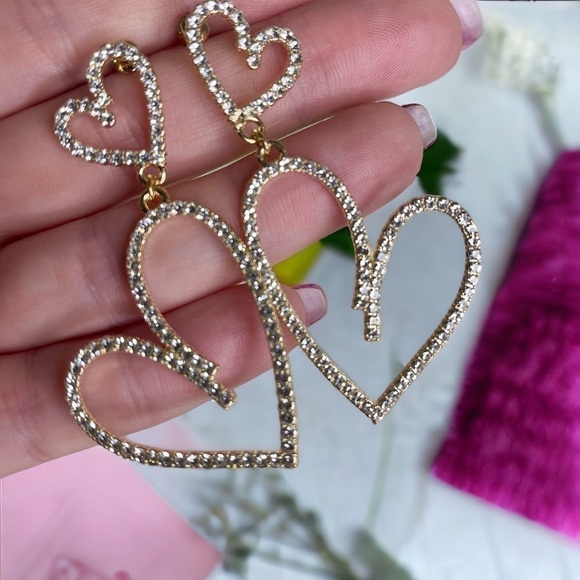 Gold Rhinestone Double Love Heart Drop Dangle Earrings Nwt - Picture 6 of 8